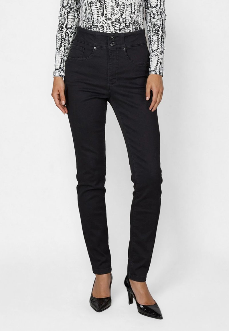 Black denim skinny jeans with a high waist, featuring two front pockets, front button closure, and a smooth texture.