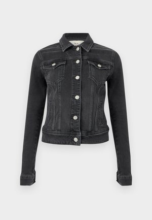 Black fitted denim jacket with silver buttons, chest flap pockets, and vertical seam details on a plain background.