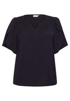 Bluză scurtă, de culoare mov închis, cu decolteu în V, având modele texturate sub formă de diamante și mâneci vaporose care se strang la umăr.