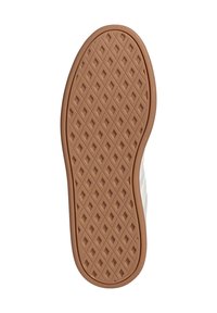 Gummisohle eines Sneakers mit einem Rautenmuster in Braun. Die Ränder sind abgerundet, und die Mitte ist mit strukturierten Griffen für besseren Halt versehen.