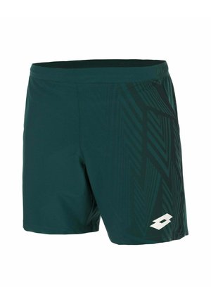 Pantaloncini sportivi verde scuro con un motivo a strisce diagonali sottili su un lato e un piccolo logo bianco del marchio vicino all'orlo.