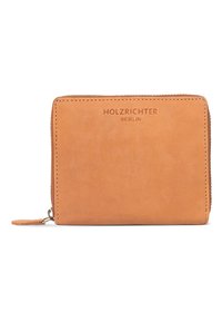 Tan leather wallet with a smooth texture, featuring a zip closure and embossed brand name "HOLZRICHER BERLIN" on the front.