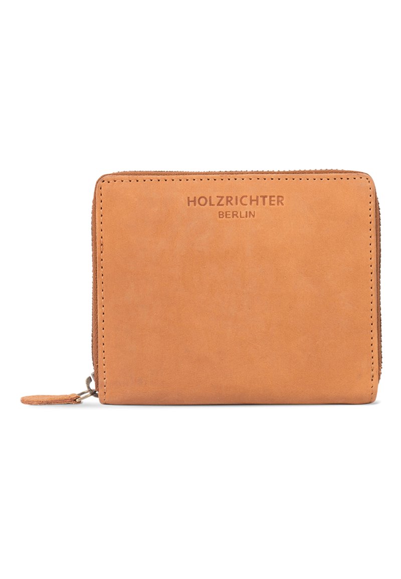 Tan leather wallet with a smooth texture, featuring a zip closure and embossed brand name "HOLZRICHER BERLIN" on the front.