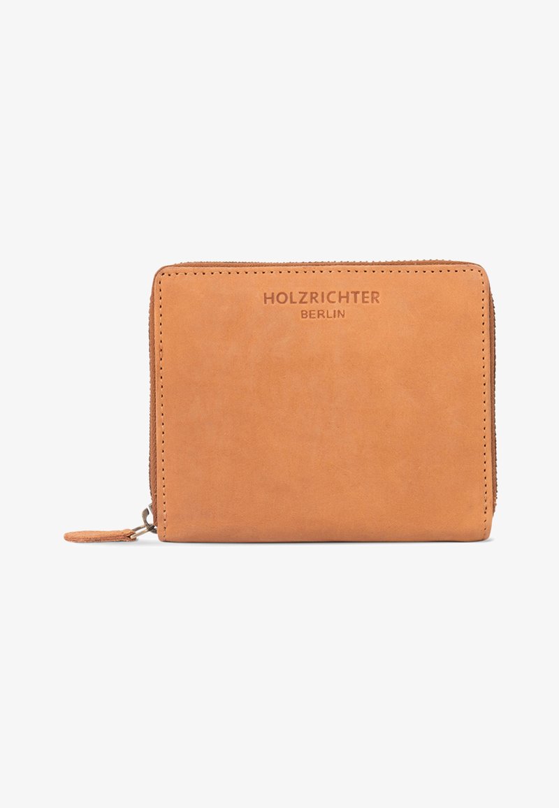 Tan leather wallet with a smooth texture, featuring a zip closure and embossed brand name "HOLZRICHER BERLIN" on the front.