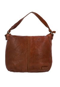 Borsa a spalla in pelle marrone con una texture morbida, una singola tracolla e una chiusura con zip al centro. Presenta cuciture sottili e dettagli di branding.