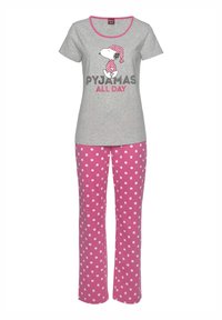 Gray pajama top with round neckline, featuring Snoopy graphic and "PYJAMAS ALL DAY" text. Pink polka dot pants, soft cotton material.