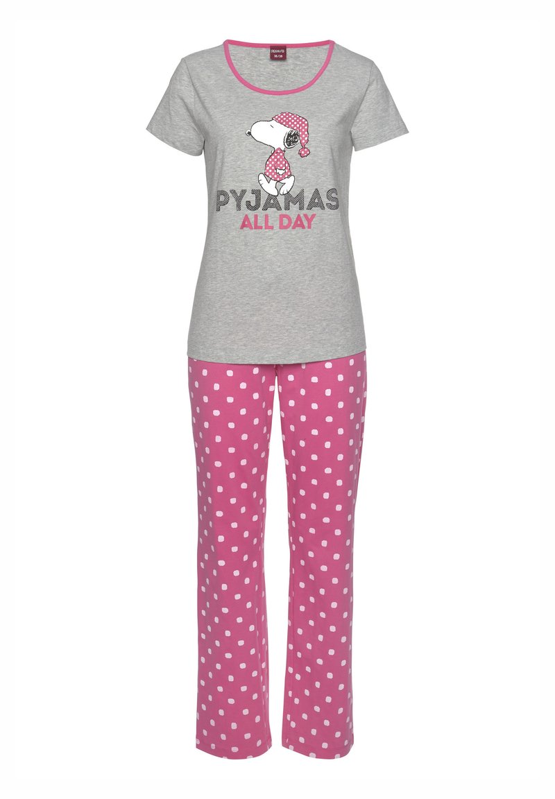 Gray pajama top with round neckline, featuring Snoopy graphic and "PYJAMAS ALL DAY" text. Pink polka dot pants, soft cotton material.