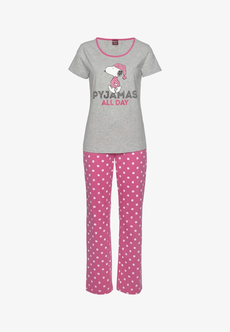Gray pajama top with round neckline, featuring Snoopy graphic and "PYJAMAS ALL DAY" text. Pink polka dot pants, soft cotton material.
