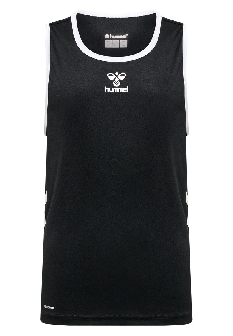 Svart ärmlös atletisk linne med vita accenter, rund halsringning och en logotyp på bröstet. Tillverkat av andningsbart syntetiskt material.