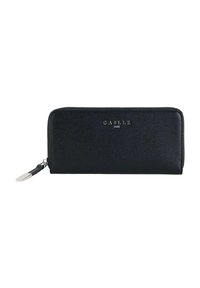 Portafoglio in pelle nera con finitura testurizzata, chiusura a cerniera e dettagli argentati. Presenta il logo del marchio sulla parte anteriore. Forma rettangolare.