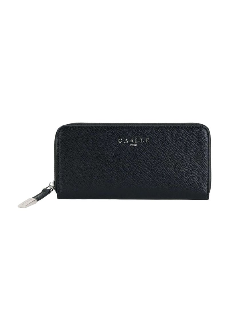 Portafoglio in pelle nera con finitura testurizzata, chiusura a cerniera e dettagli argentati. Presenta il logo del marchio sulla parte anteriore. Forma rettangolare.