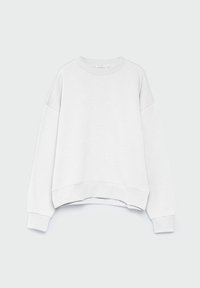Sweat-shirt blanc à col rond avec manches longues tombantes et poignets et ourlet côtelés, posé à plat sur un fond clair.