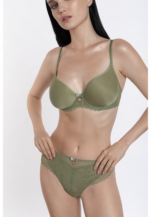 Olive green lingerie set featuring a padded bra and matching lace panties. The bra has scalloped edges and a decorative bow detail.