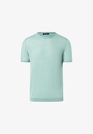 Mintgrünes T-Shirt mit kurzen Ärmeln aus weichem Stoff, mit Rundhalsausschnitt und Rippstruktur am Halsausschnitt und Saum.