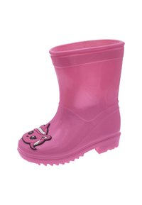 Botte de pluie en caoutchouc rose avec une surface texturée, arborant un graphisme de personnage de dessin animé sur l'orteil et une semelle à bonne traction.