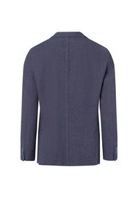 Marineblauwe blazer, gestructureerde stof, getailleerde pasvorm, gekarteld kraag, lange mouwen met knoopaccenten, enkele split aan de achterkant.