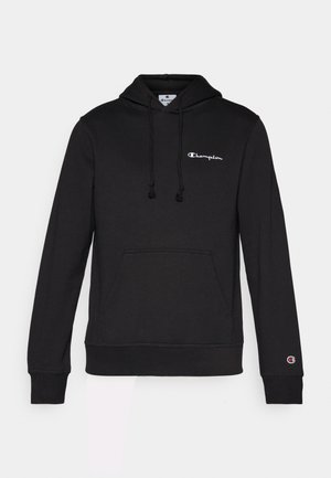 Black hoodie made from soft cotton blend, featuring a front pocket, drawstring hood, and Champion logo embroidered in white.