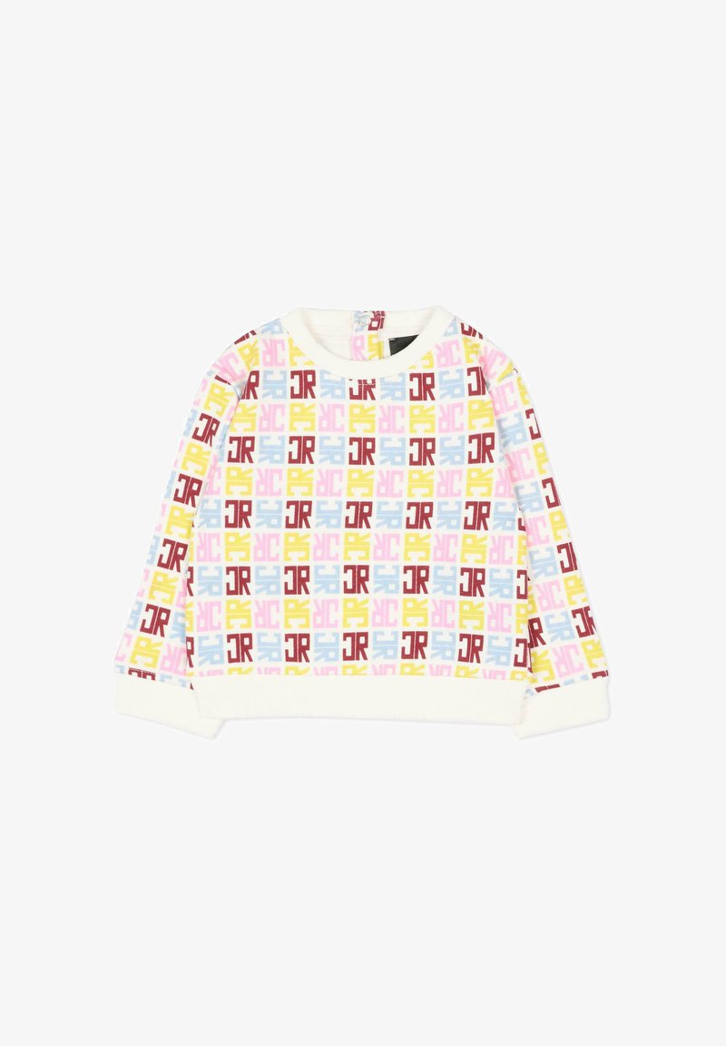 Kolorowa bluza z długim rękawem z powtarzającym się wzorem logo w kolorach różowym, żółtym, niebieskim i brązowym na białym tle; posiada okrągły dekolt.