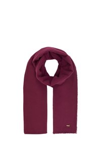 Burgunderfarvet tørklæde lavet af blødt stof, med frynsekant og et lille guldlogo. Lang, rektangulær form til alsidig styling.