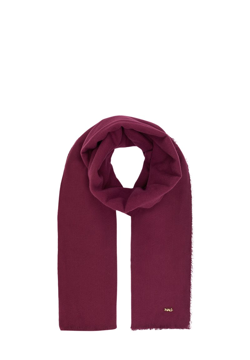 Burgunderfarvet tørklæde lavet af blødt stof, med frynsekant og et lille guldlogo. Lang, rektangulær form til alsidig styling.