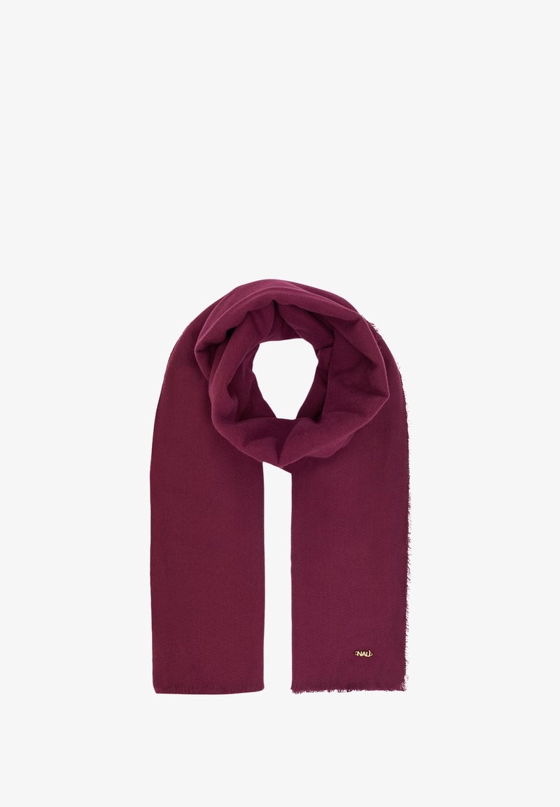 Burgunderfarvet tørklæde lavet af blødt stof, med frynsekant og et lille guldlogo. Lang, rektangulær form til alsidig styling.