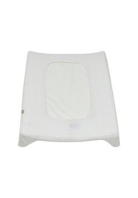 Cot mattress with a soft white cover featuring colorful speckled patterns and a central rectangular sleeping area. Smooth texture.