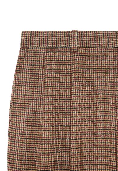 Uldbukser med et ternet mønster i burgunder, gul, grøn og marineblå, med flad front og plisseringer for ekstra tekstur.