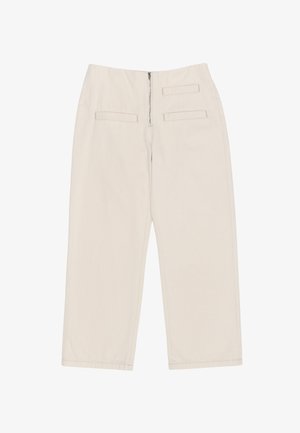 Beige Baumwoll-Hose mit weitem Bein und mittelhohem Bund, zwei Gesäßtaschen und einem verdeckten Reißverschluss auf der Rückseite. Glatte Textur.