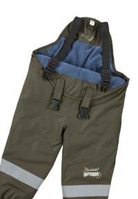 Waterproof olive green overalls with adjustable black straps, blue lining, and reflective gray bands near the bottom. Brand logo displayed.