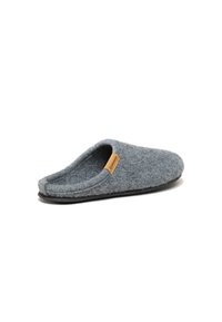 Gray felt slipper with a soft texture, open back, and a small tan logo tag on the side. Flat, dark sole for indoor use.