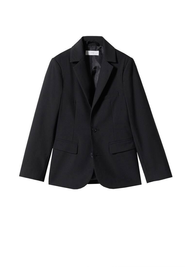 Svart skräddarsydd blazer i mjuk tyg, med skarvkrage, två knappar och två framfickor samt raka ärmar.