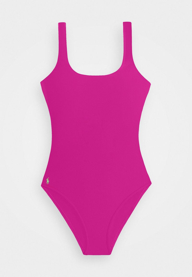 Roza enodelni kopalke z kvadratnim izrezom in širokimi naramnicami. Ima majhen zelen logotip na boku. Narejene so iz mehkega, elastičnega materiala.