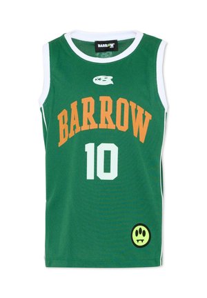 Zielona sportowa koszulka bez rękawów z białym wykończeniem, pomarańczowym napisem "BARROW", białą cyfrą 10 oraz małą żółtą naszywką z czarnym nadrukiem łapy.