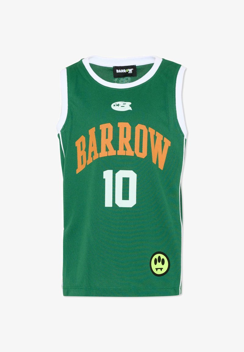Maillot de sport vert sans manches avec bordure blanche, texte orange "BARROW", numéro 10 en blanc, et petit badge jaune avec une empreinte de patte noire.