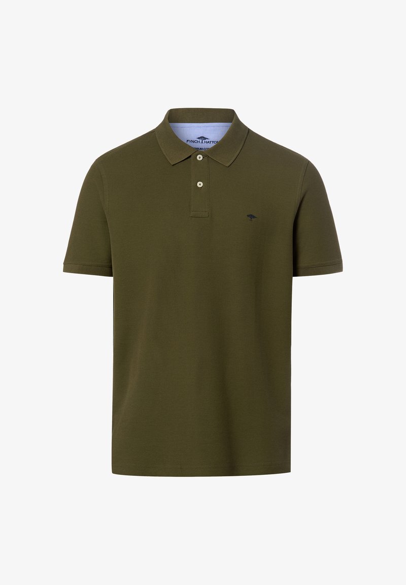 Polo verde oliva a maniche corte con patta a due bottoni e piccolo logo ricamato scuro sul lato sinistro del petto.