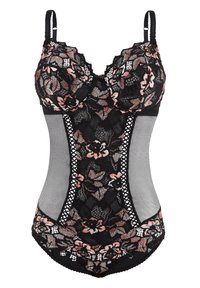 Bodysuit en dentelle noire avec broderie florale en rose et beige, présentant des panneaux latéraux transparents et des bretelles ajustables.