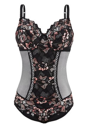 Bodysuit en dentelle noire avec broderie florale en rose et beige, présentant des panneaux latéraux transparents et des bretelles ajustables.