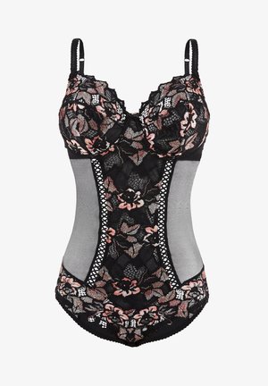 Zwart kanten body met bloemborduursel in roze en beige, met doorschijnende zijkanten en verstelbare schouderbanden.