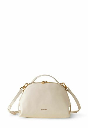 Sac à main en cuir crème avec ferrures dorées, poignée supérieure et bandoulière amovible, estampillé "Borbonese" au centre avant.