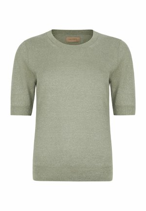 Pull en maille vert clair à manches courtes avec poignets, ourlet et col rond côtelés, avec une petite étiquette de marque marron à l'intérieur du col.