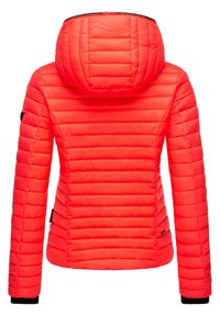 Red padded jacket with a hood, featuring a quilted design, zip closure, and black accents at cuffs and hem.