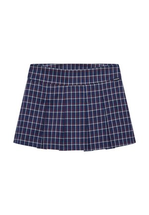 Marineblauwe geruite rok met geplooid ontwerp, gemaakt van stof met blauw, rood en wit ruitpatroon, afgewerkt met een merklabel.