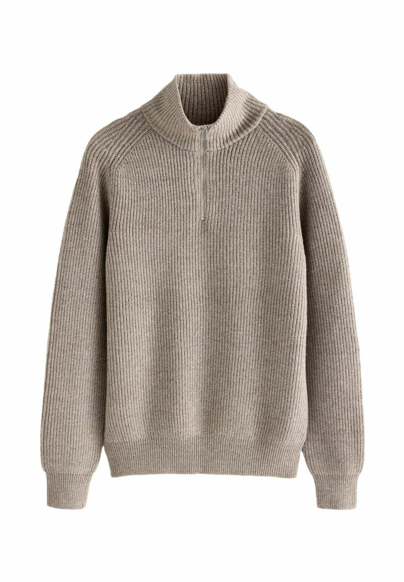 Beige geripptes Sweatshirt mit hohem Kragen und halblangem Reißverschluss. Verfügt über lange Ärmel und eine gerade Passform. Weiche Textur über das gesamte Kleidungsstück.