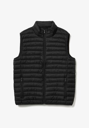 Schwarze gesteppte ärmellose Weste mit Frontreißverschluss und seitlichen Reißverschlusstaschen, Stehkragen und horizontalem Steppmuster.