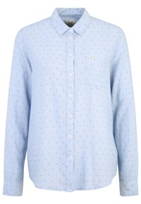 Helles blaues Langarmhemd mit Button-Down-Kragen, ausgestattet mit einer Tasche und kleinen dunkelblauen Polka-Dots, die gleichmäßig über den Stoff verteilt sind.