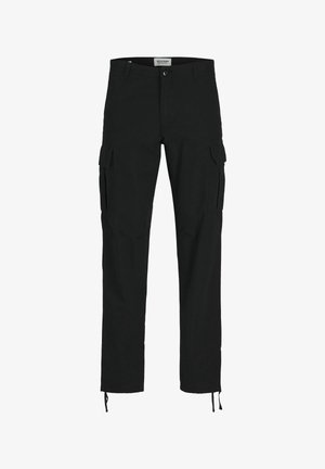 Pantaloni cargo neri in cotone con molteplici tasche laterali, vestibilità dritta e polsini regolabili all'orlo per una lunghezza personalizzabile.