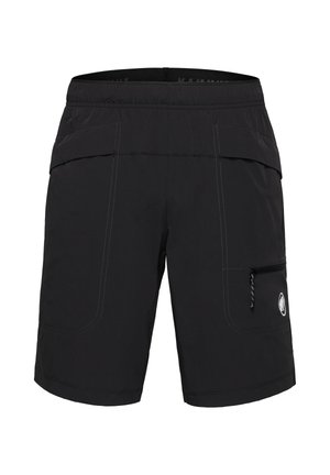 Zwarte mid-lengte shorts met elastische tailleband, zijritszak aan het rechterbeen en contrasterende stikseldetails.