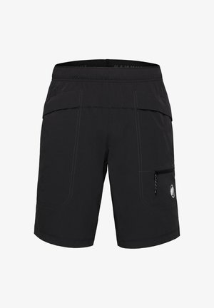 Zwarte mid-lengte shorts met elastische tailleband, zijritszak aan het rechterbeen en contrasterende stikseldetails.