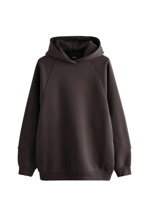 Felpa con cappuccio marrone scuro, maniche lunghe e tasca a marsupio frontale, mostrata su sfondo bianco.