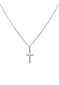 Zilveren kruis hanger ketting op een dunne, gelinkte keten. Het kruis heeft een gepolijste afwerking en toont een eenvoudig en strak ontwerp.